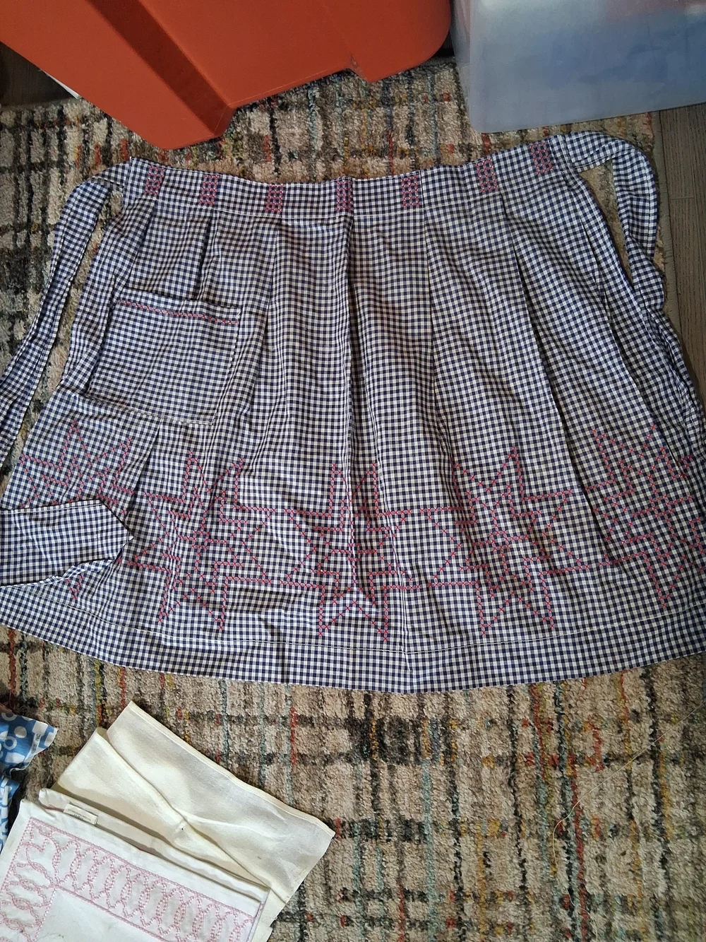 Vintage Gingham Half Apron with Red Star Cross Stitching